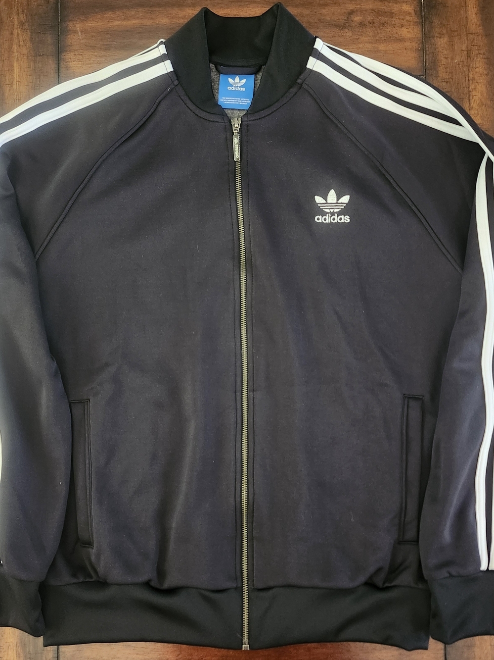 adidas Black Track Jacket with White Three-Stripes Large